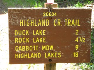 Highland Creek Mileage Sign on the East side of Lake Alpine where the Tahoe to Yosemite Trail continues South